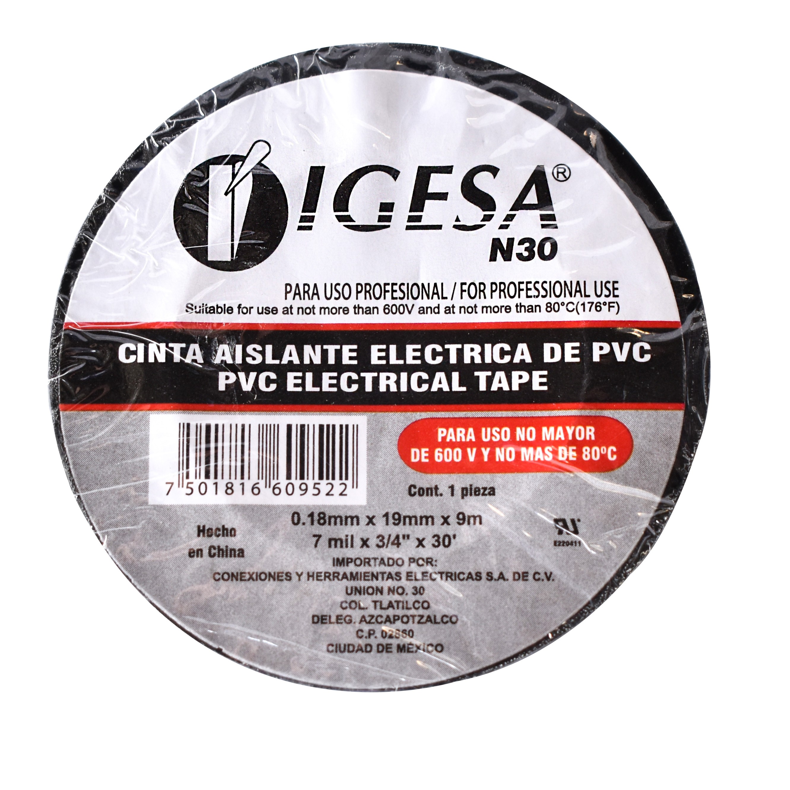 189226 IGESA - Cinta de aislar 19mm x 09mts negra N30 Igesa