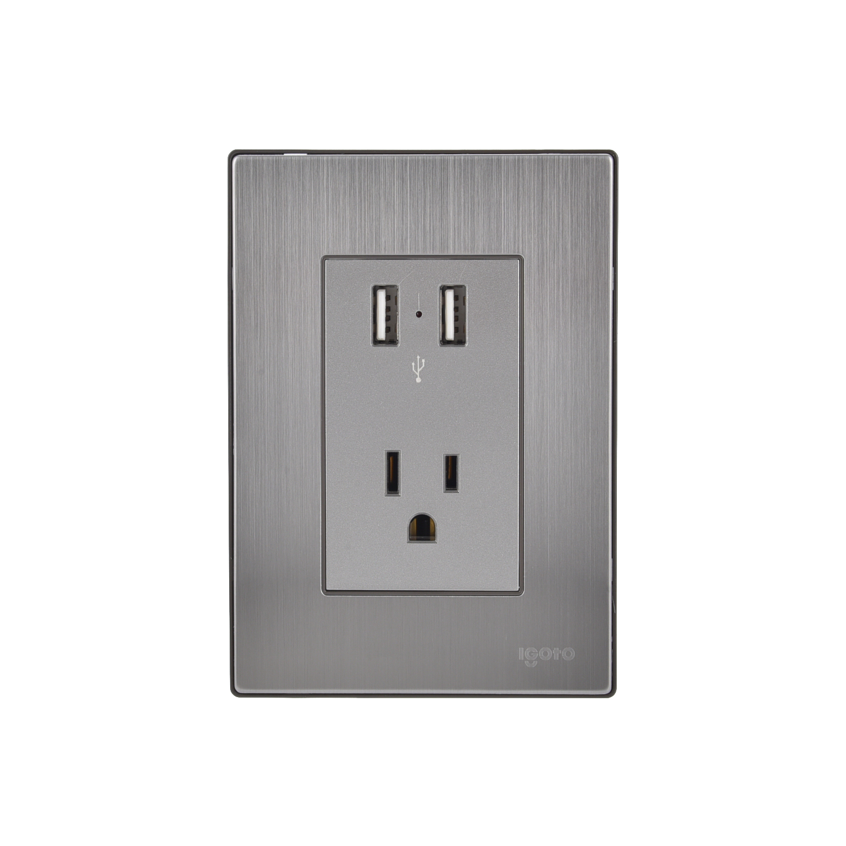 228785 IGOTO - Placa 3 ventanas con 2 contactos USB y contactos 2p+t plata Inox Igoto