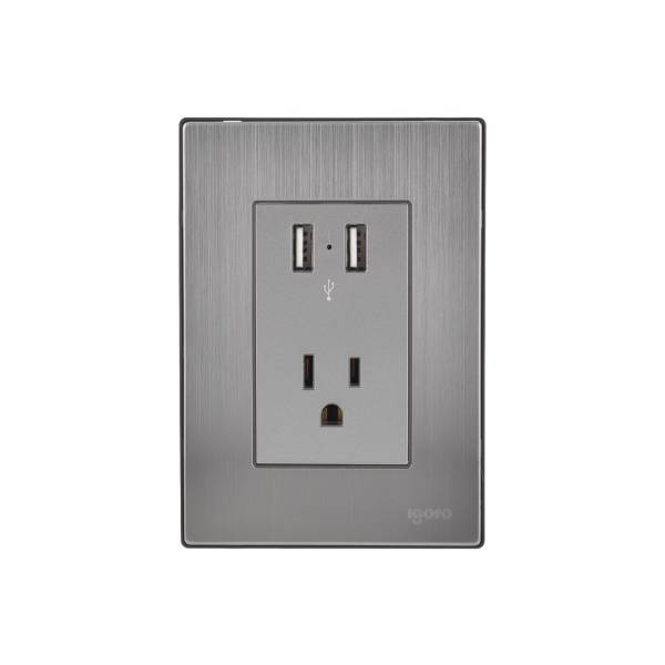 228785 IGOTO - Placa 3 ventanas con 2 contactos USB y contactos 2p+t plata Inox Igoto
