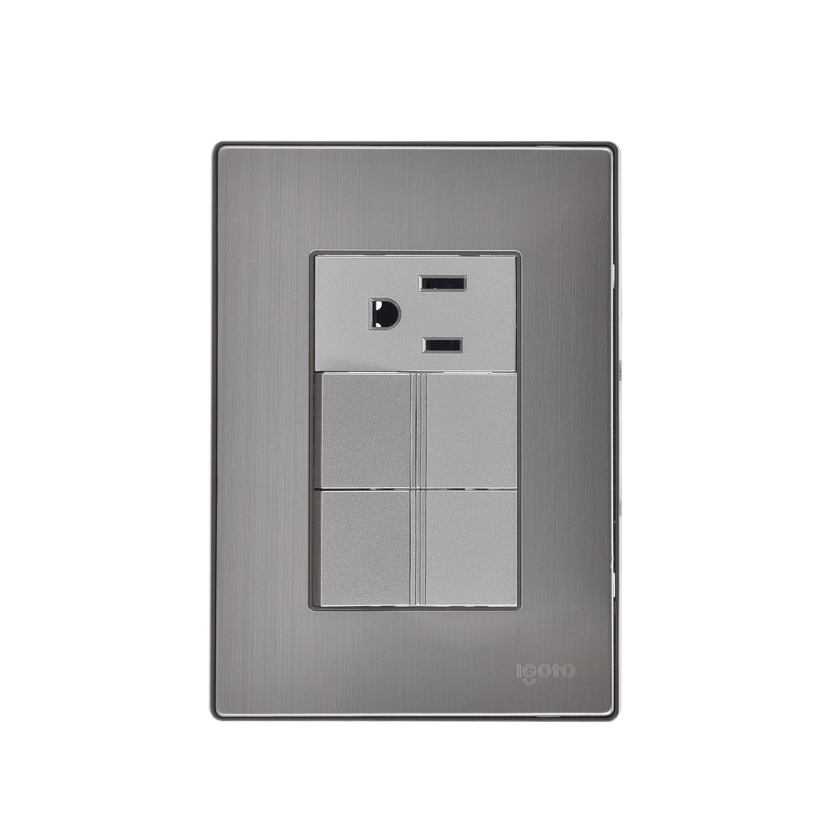 228788 IGOTO - Placa 3 ventanas con 2 apagadores sencillos y contacto 2p+t plata Inox Igoto