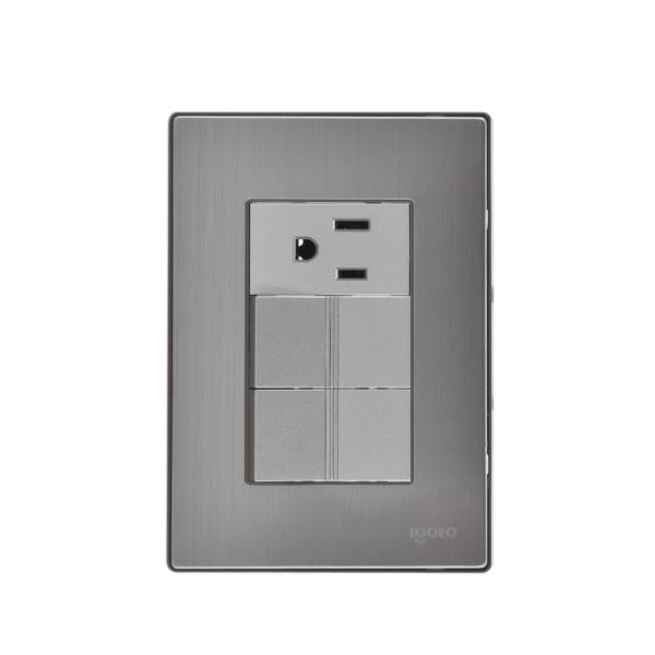228788 IGOTO - Placa 3 ventanas con 2 apagadores sencillos y contacto 2p+t plata Inox Igoto