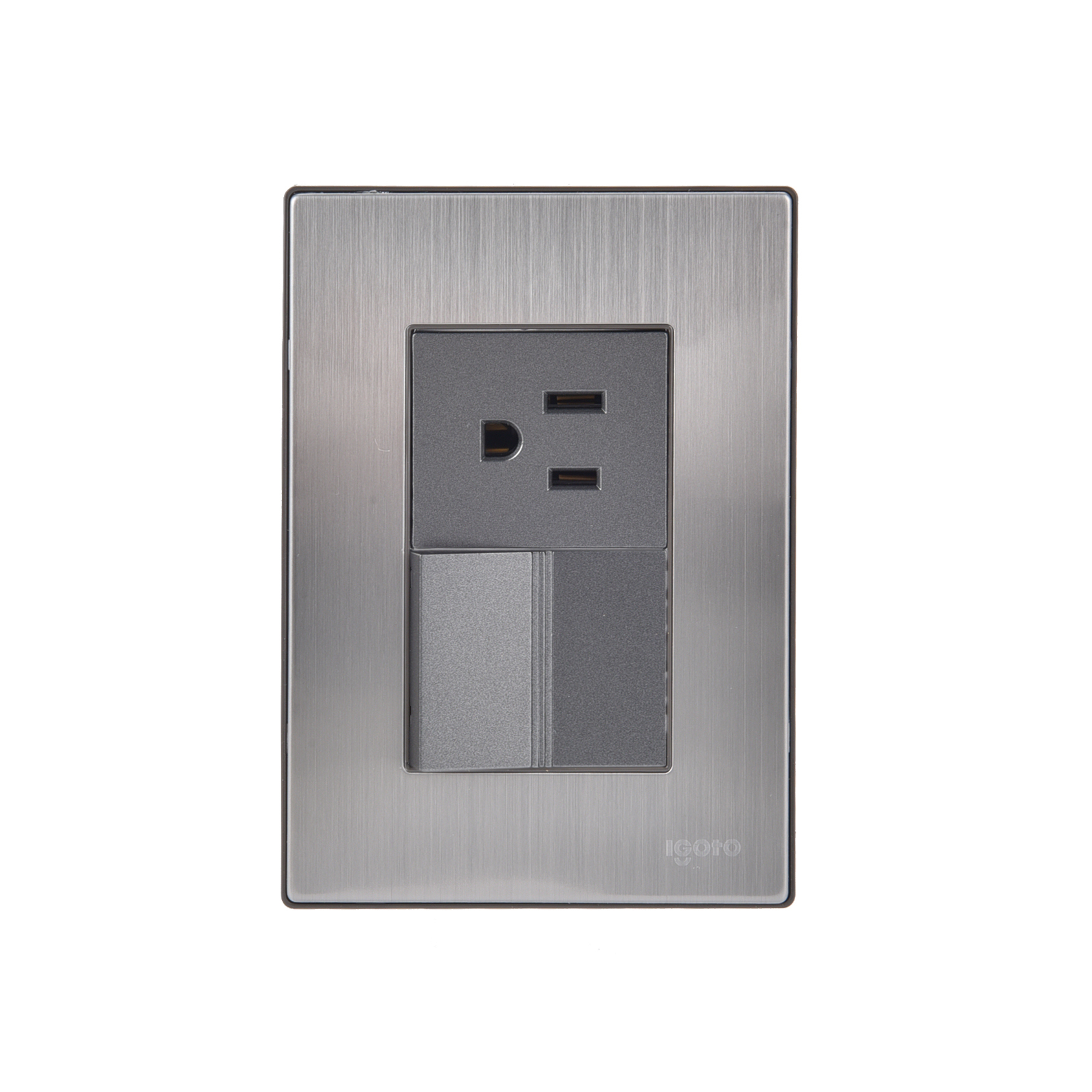 228802 IGOTO - Placa 3 ventanas con apagador sencillo y contacto 2p+t negro Inox-1.5 Igoto