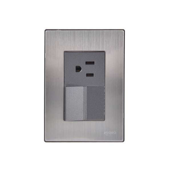 228802 IGOTO - Placa 3 ventanas con apagador sencillo y contacto 2p+t negro Inox-1.5 Igoto