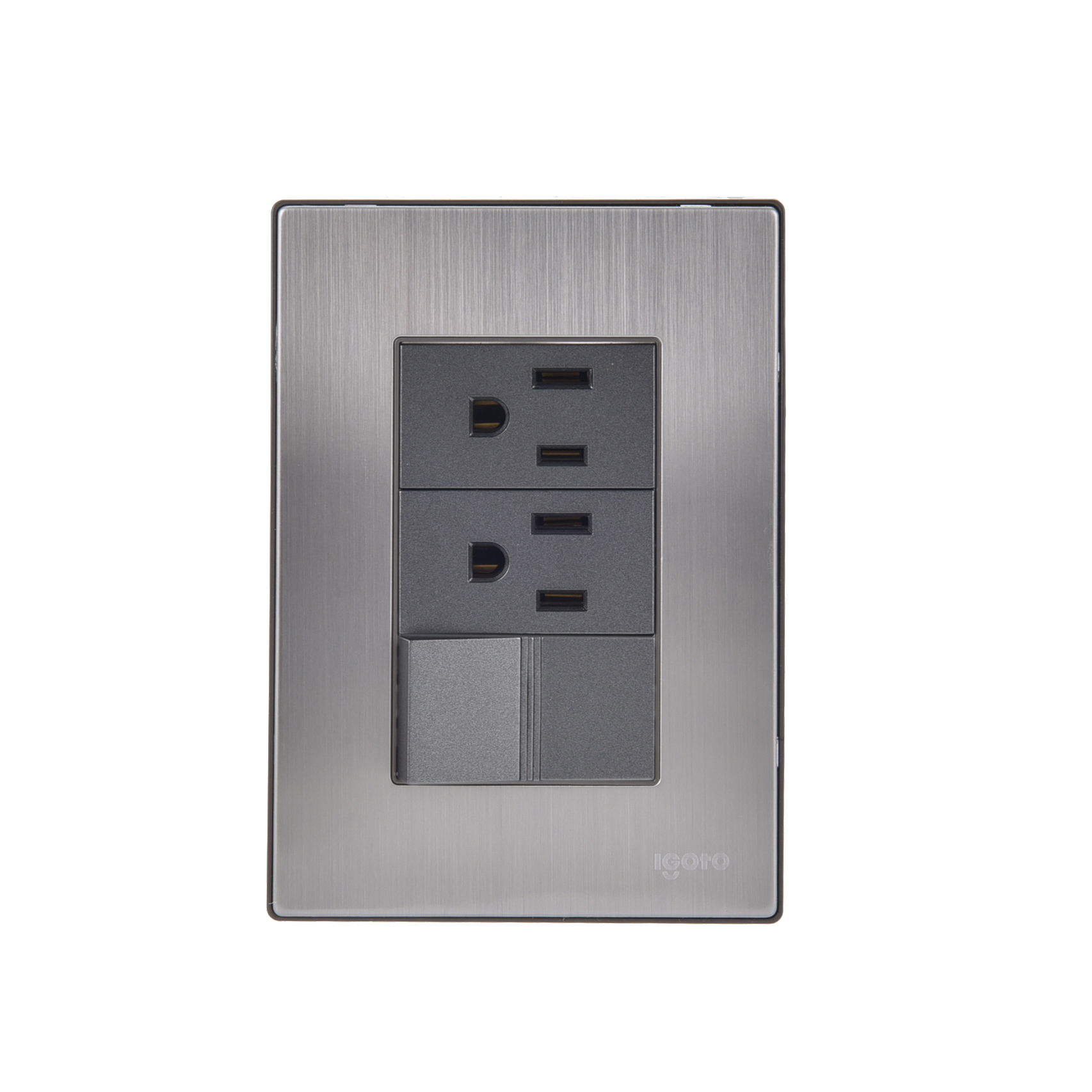 228803 IGOTO - Placa 3 ventanas con 2 contactos 2p+t y apagador sencillo negro Inox Igoto