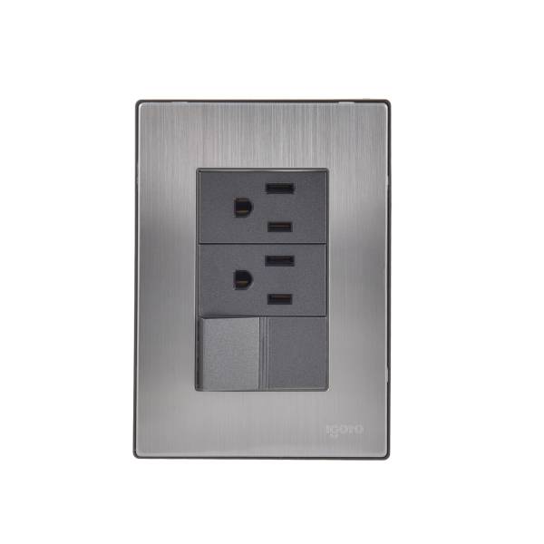 228803 IGOTO - Placa 3 ventanas con 2 contactos 2p+t y apagador sencillo negro Inox Igoto