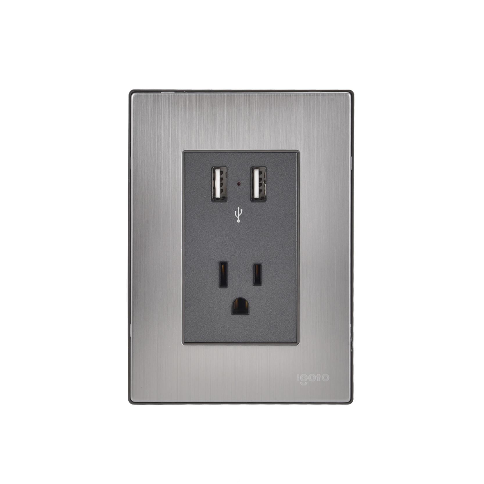228806 IGOTO - Placa 3 ventanas con 2 contactos USB y contactos 2p+t negro Inox Igoto