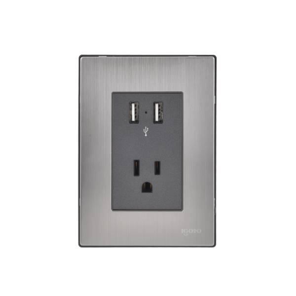 228806 IGOTO - Placa 3 ventanas con 2 contactos USB y contactos 2p+t negro Inox Igoto