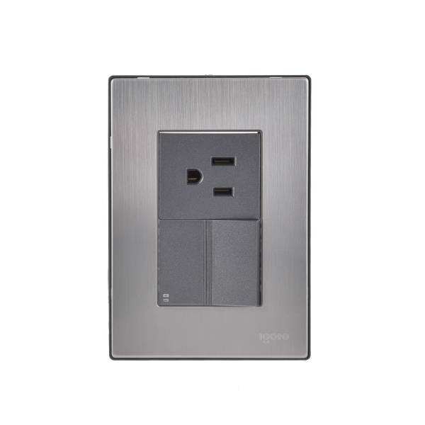 228807 IGOTO - Placa 3 ventanas con apagador escalera y contacto 2p+t negro Inox-1.5 Igoto
