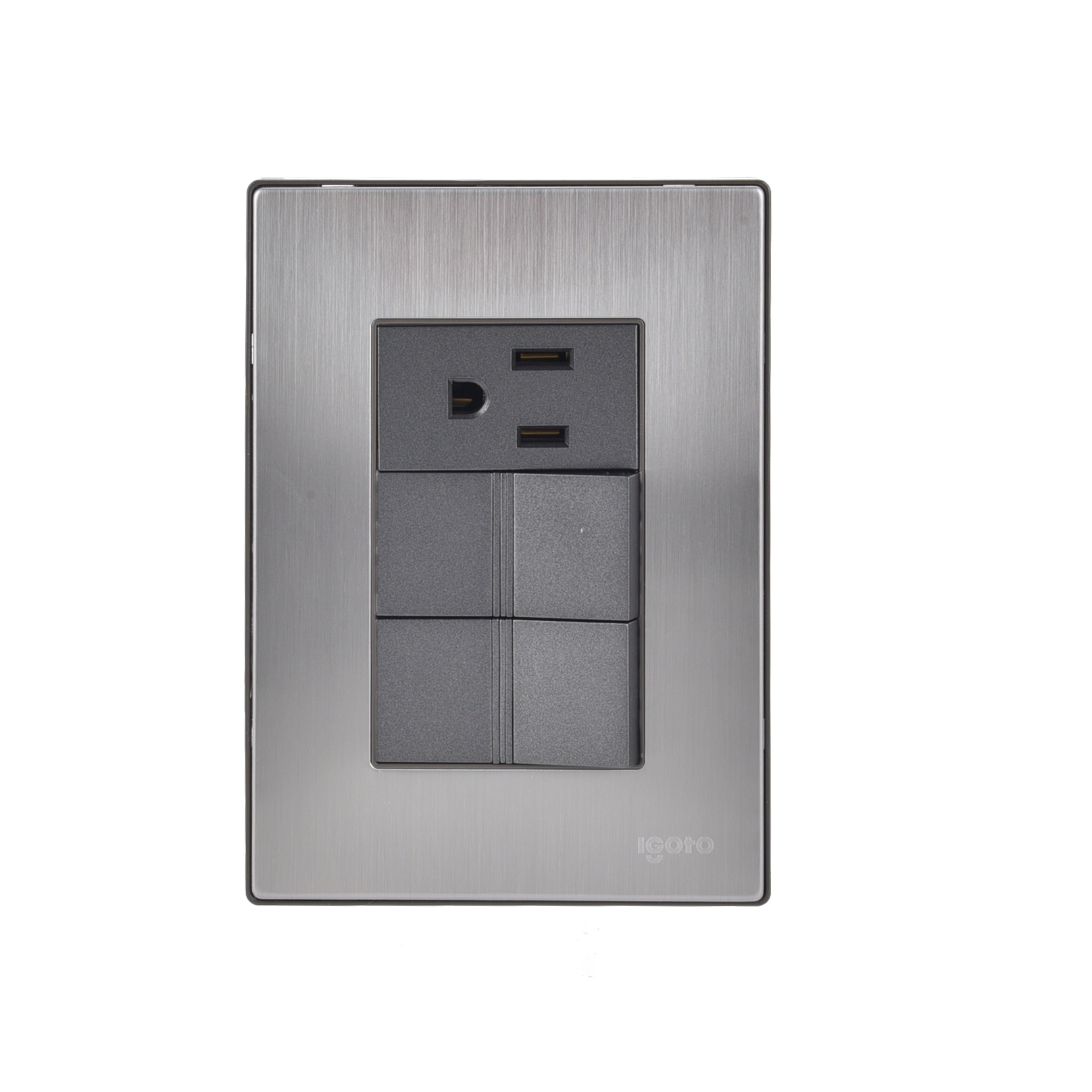 228809 IGOTO - Placa 3 ventanas con 2 apagadores sencillos y contacto 2p+t negro Inox Igoto