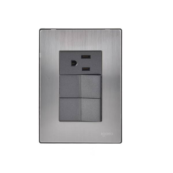 228809 IGOTO - Placa 3 ventanas con 2 apagadores sencillos y contacto 2p+t negro Inox Igoto