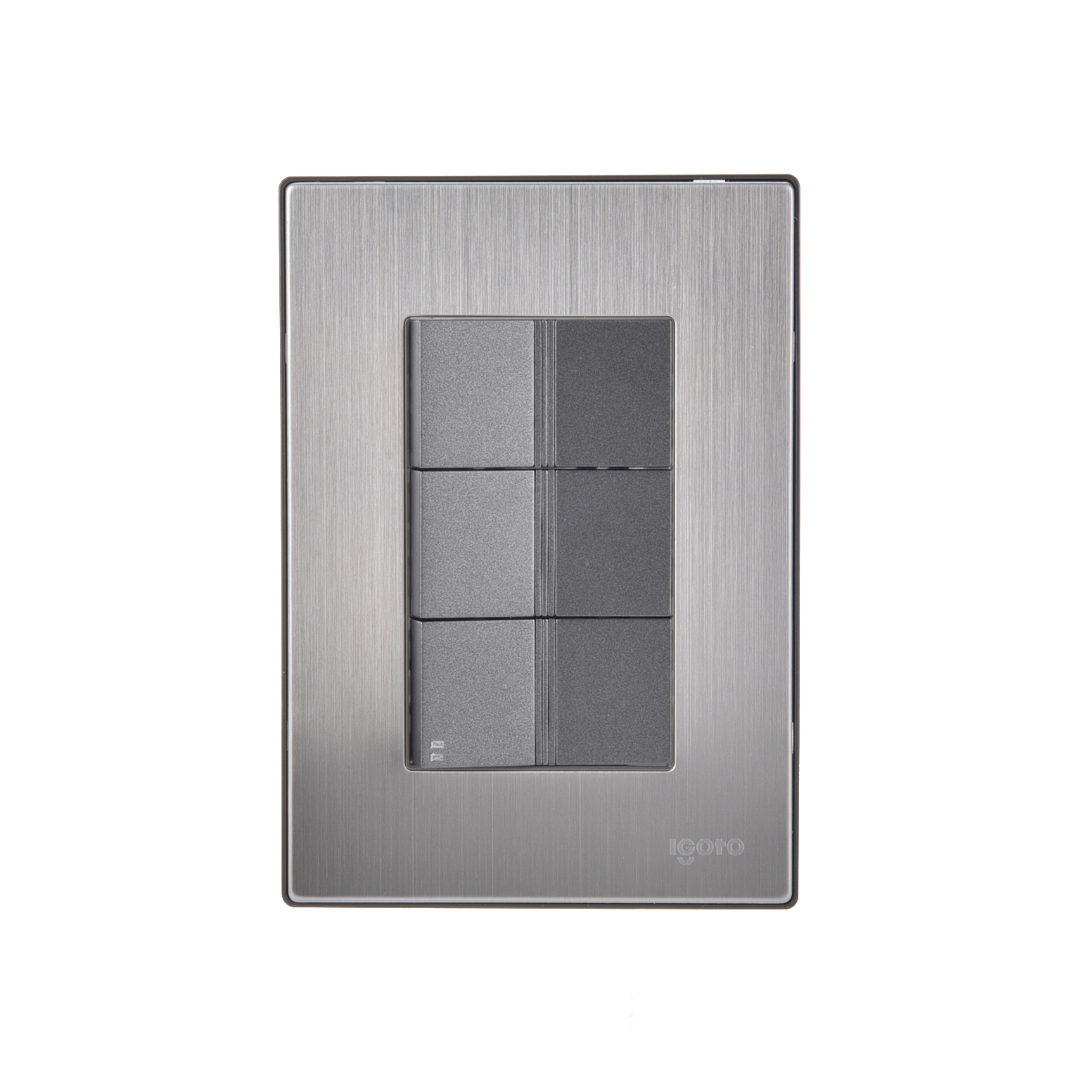 228816 IGOTO - Placa 3 ventanas con 2 apagadores sencillos y apagador escalera negro Inox Igoto