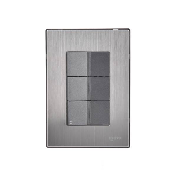 228816 IGOTO - Placa 3 ventanas con 2 apagadores sencillos y apagador escalera negro Inox Igoto