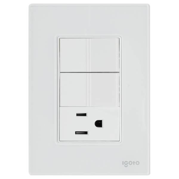 286227 IGOTO - Placa 3 ventanas con 2 apagadores sencillos y contacto 2p+t blanco Cristal Igoto
