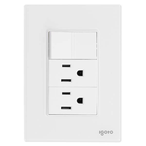 286228 IGOTO - Placa 3 ventanas con 2 contactos 2p+t y apagador sencillo blanco Cristal Igoto