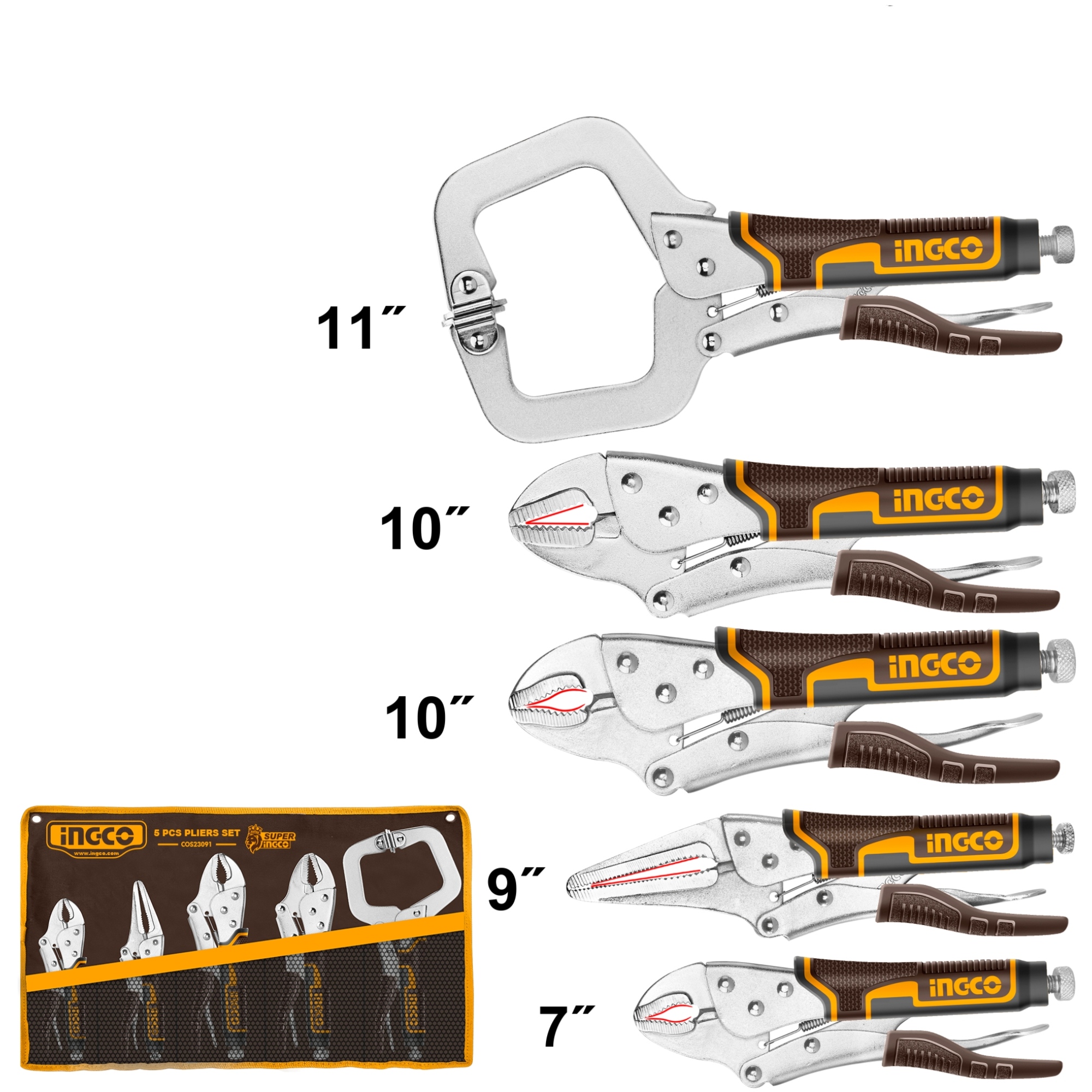 286853 INGCO - Juego 5 pinzas presion mango con grip estuche tela Ingco